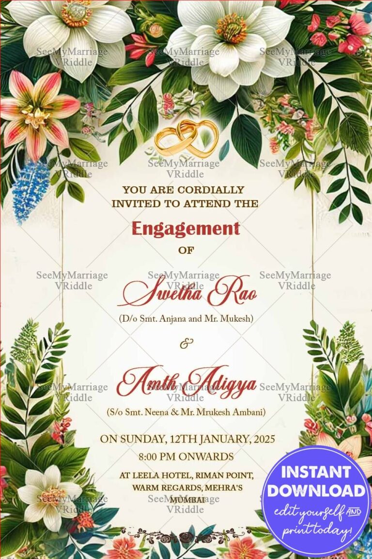 Golden Rings and Greenery Engagement Invitation Card with White-Pink Flowers and Elegantly Designed