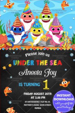 Cute Shark Family Theme for a Kid’s Birthday Party Invitation with Underwater Celebration