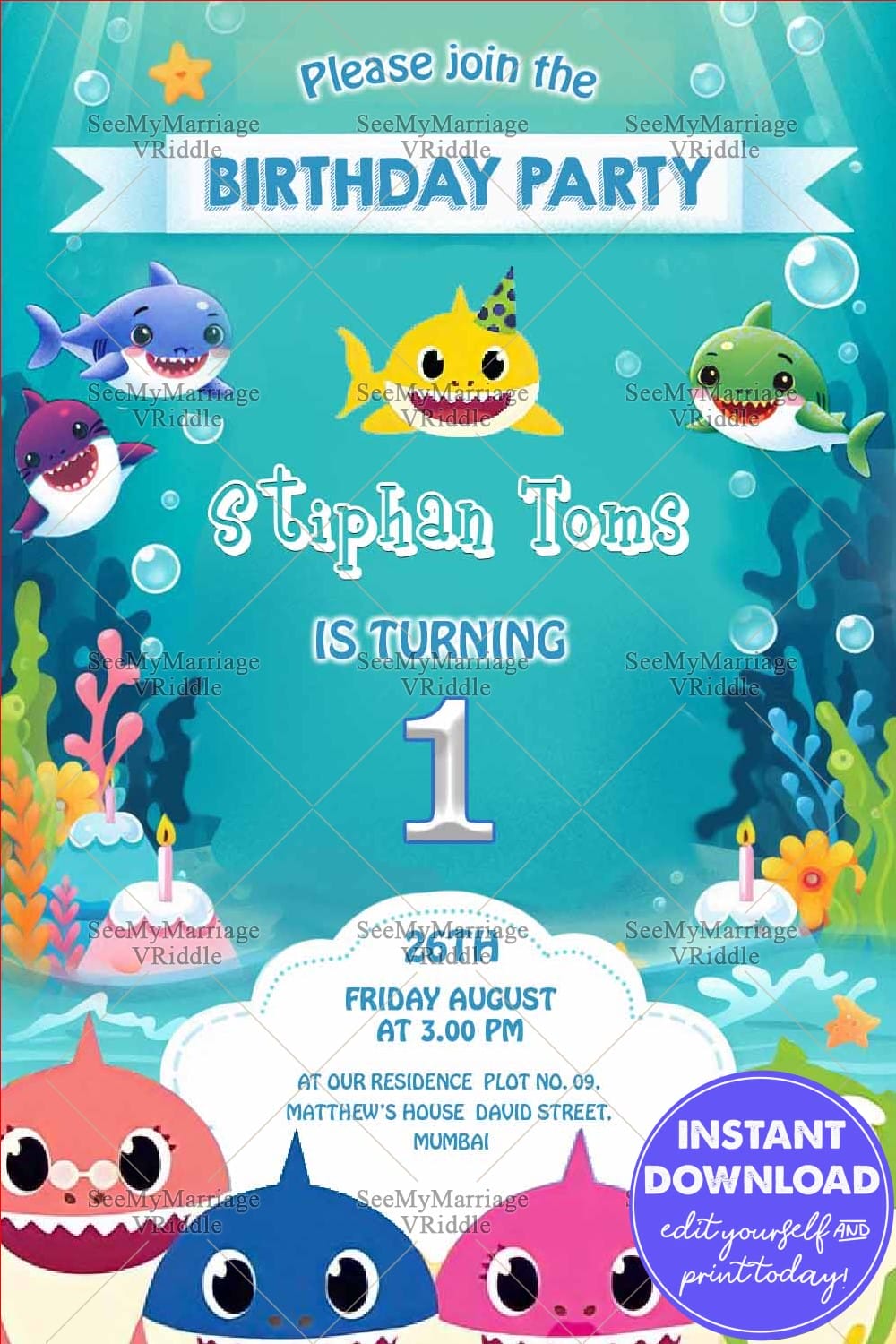 Cartoon Sharks and Ocean Theme for Kids Birthday Party Invitation with Bubbles