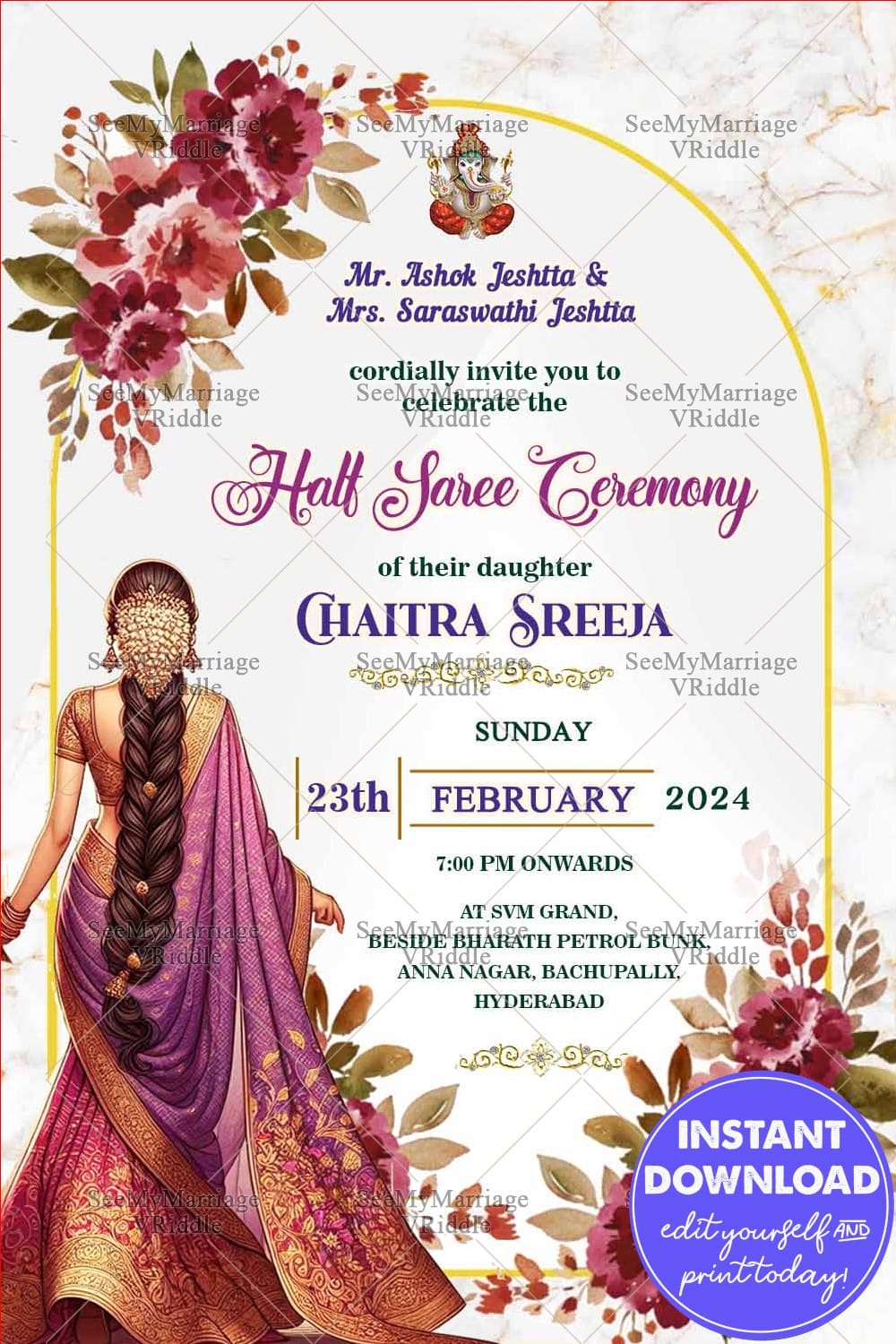 Purple and Gold Half Saree Ceremony with Traditional Girlhood and Flowers