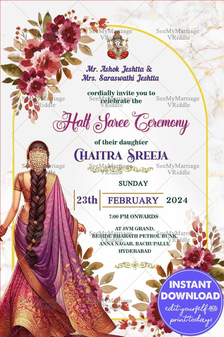 Purple and Gold Half Saree Ceremony with Traditional Girlhood and Flowers