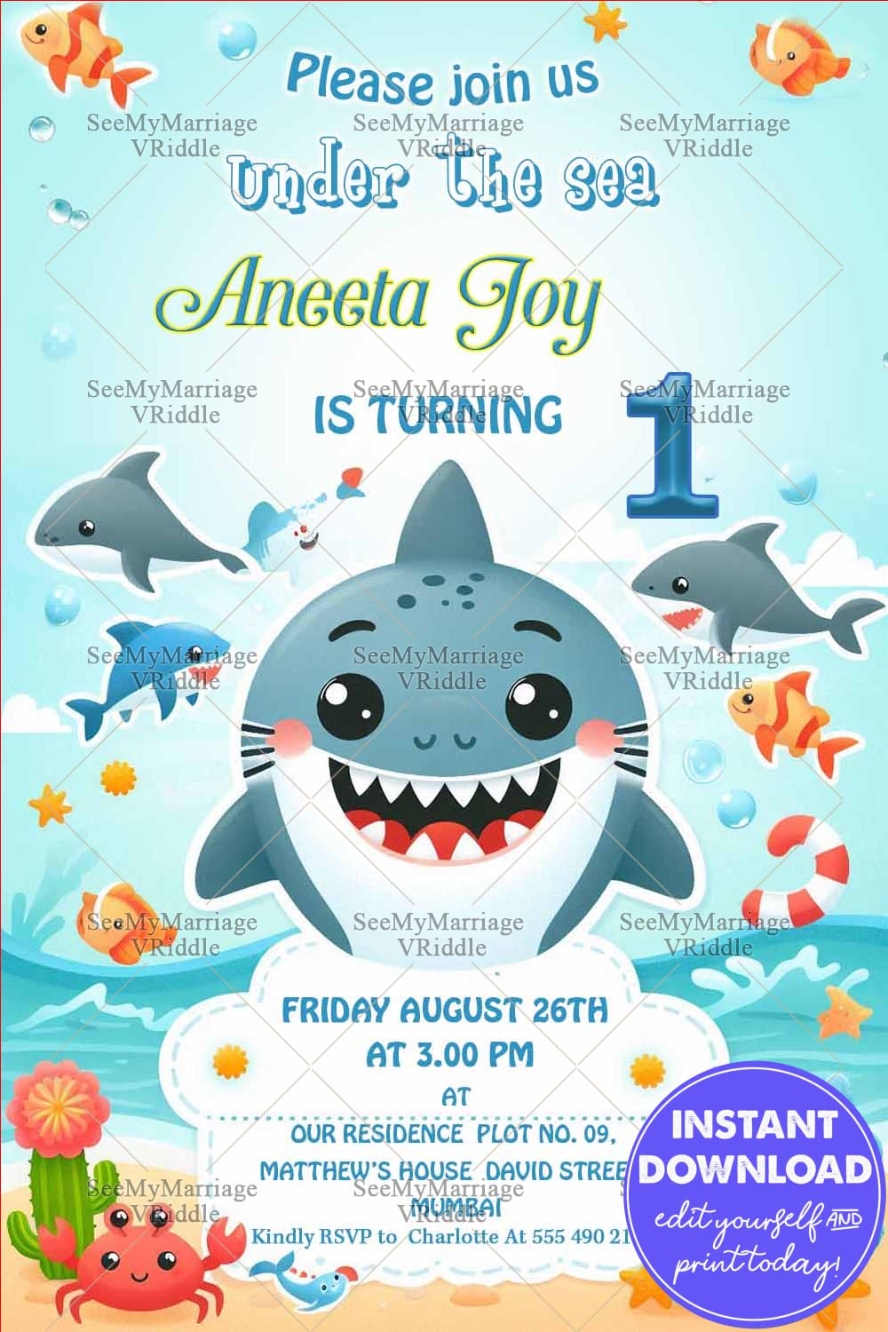 Smiling Shark and Blue Background Birthday Invitation Card with Under The Sea Theme