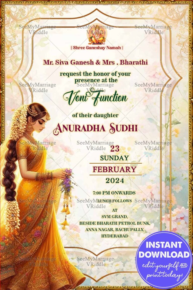 Golden-Yellow Saree and Floral Theme Voni Function Invitation with Illustration of a Young Woman