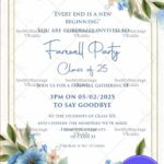 Farewell Party Invitation Card with Blue Flowers and Green Leaves