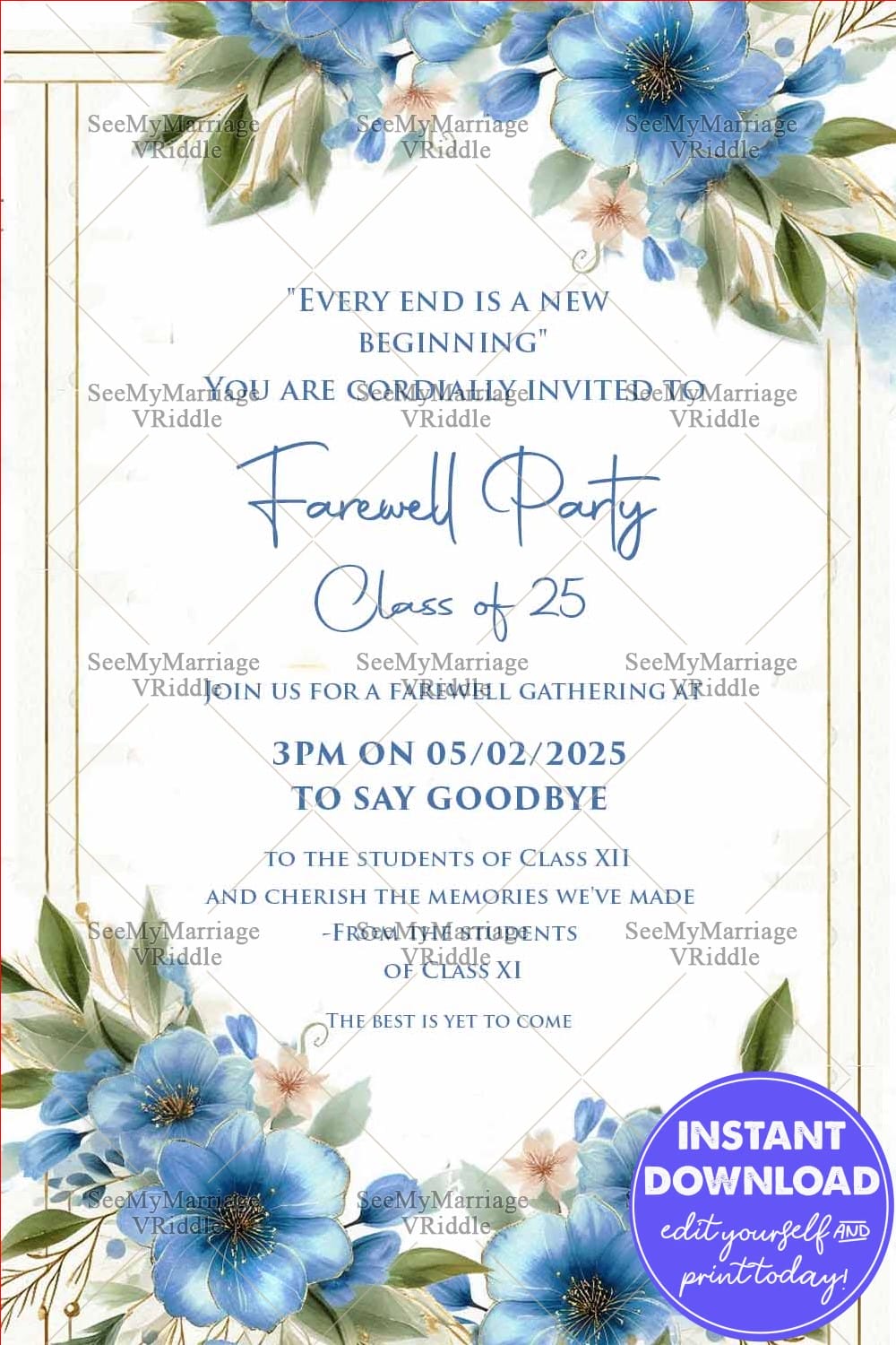 Farewell Party Invitation Card with Blue Flowers and Green Leaves