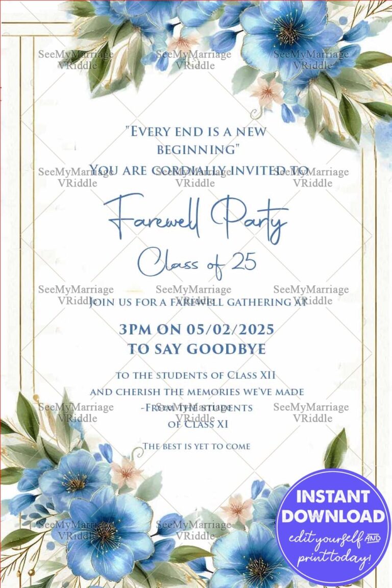 Farewell Party Invitation Card with Blue Flowers and Green Leaves
