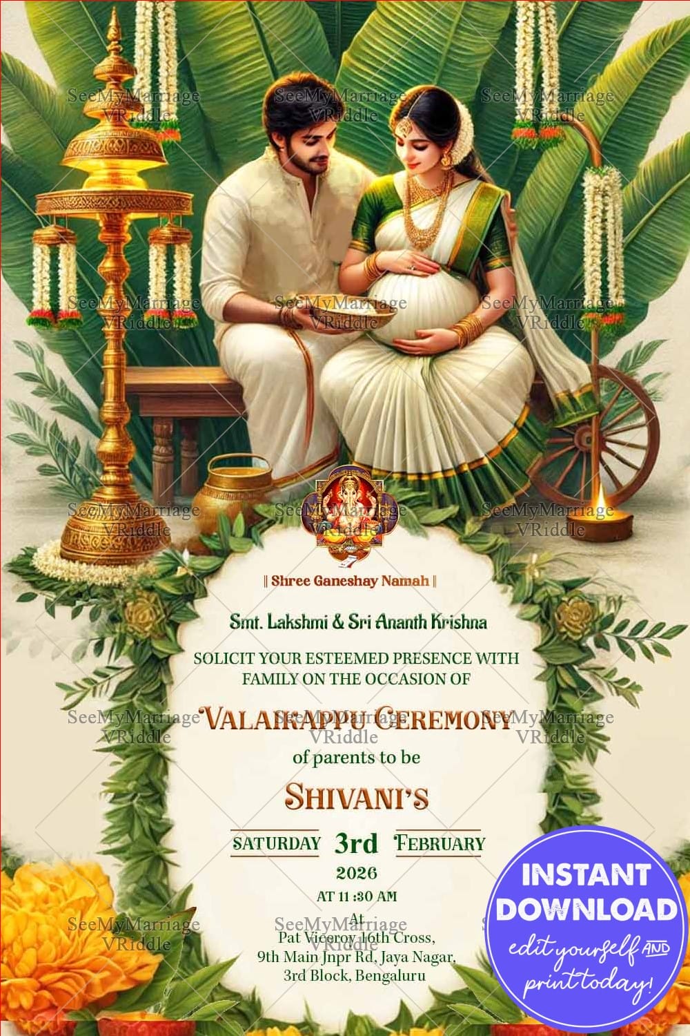 Valaikappu Ceremony Invitation with a Couple Dressed in Gold and Green Traditional Attire and Banana Leaf Theme