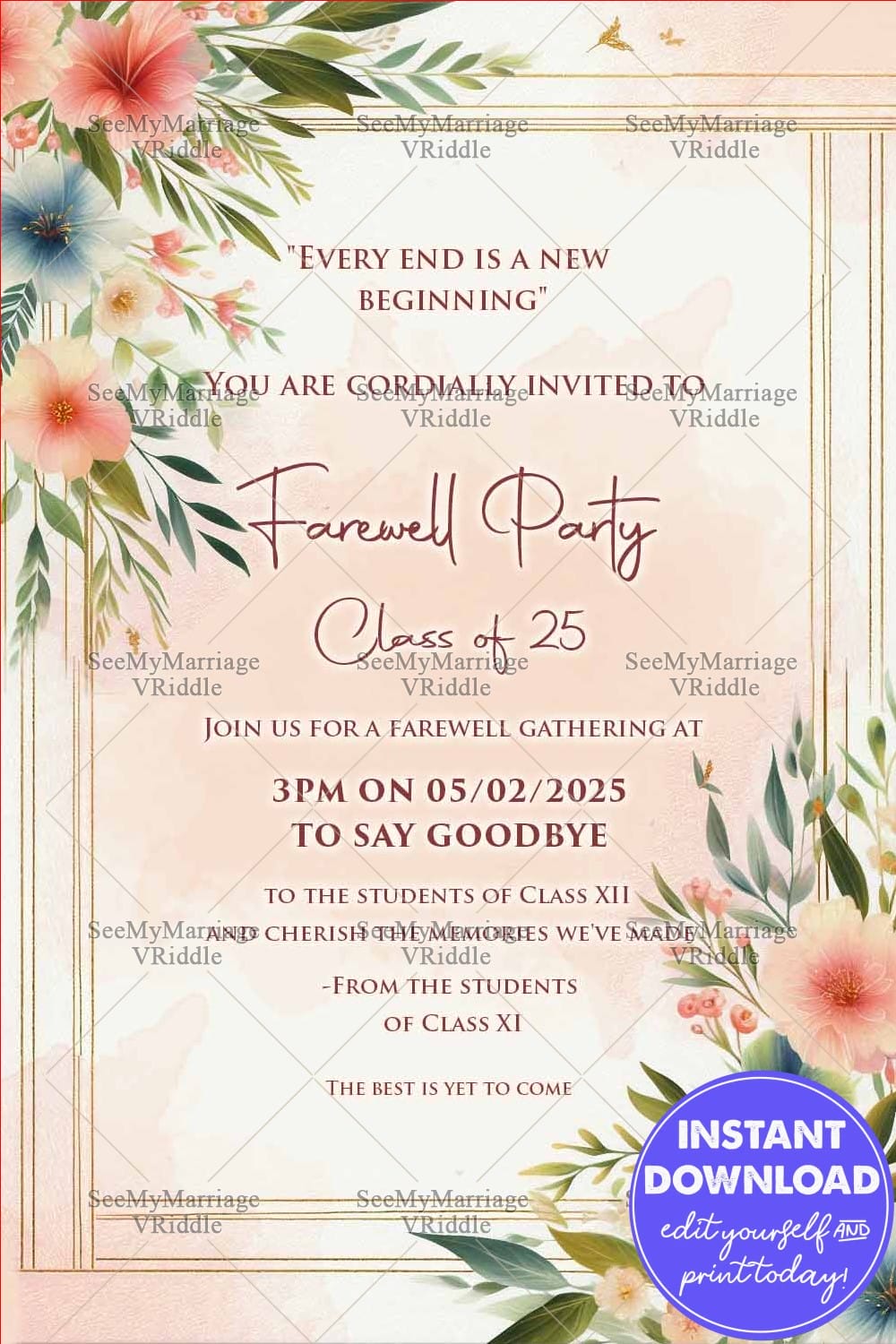 Class Twelve Farewell Party Invitation with Watercolor Background and Florals