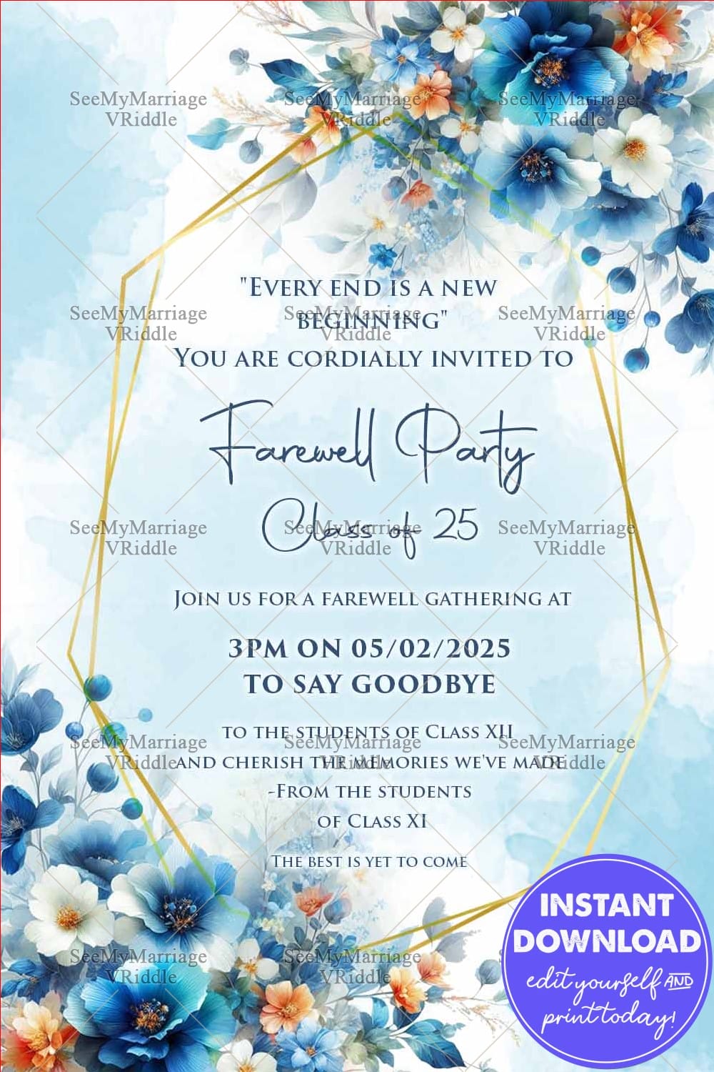 Blue Theme Farewell Party Invitation Card with Flowers