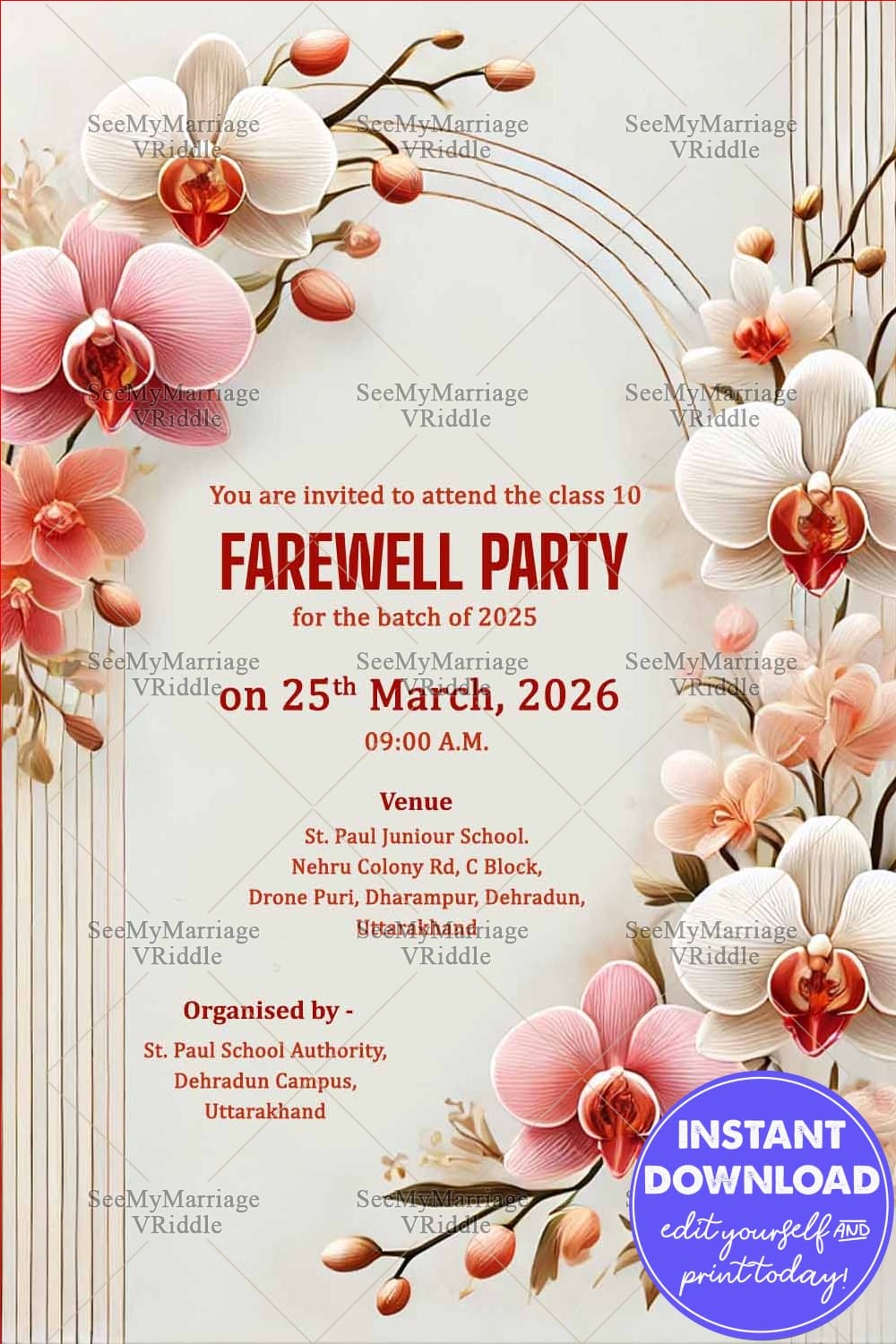 Class Tenth Farewell Party Invitation with Cream Theme and Pink Flowers