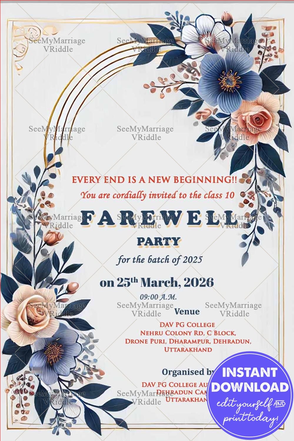 Beige Theme Class Tenth Farewell Party Invitation with Blue Flowers and Floral Accents