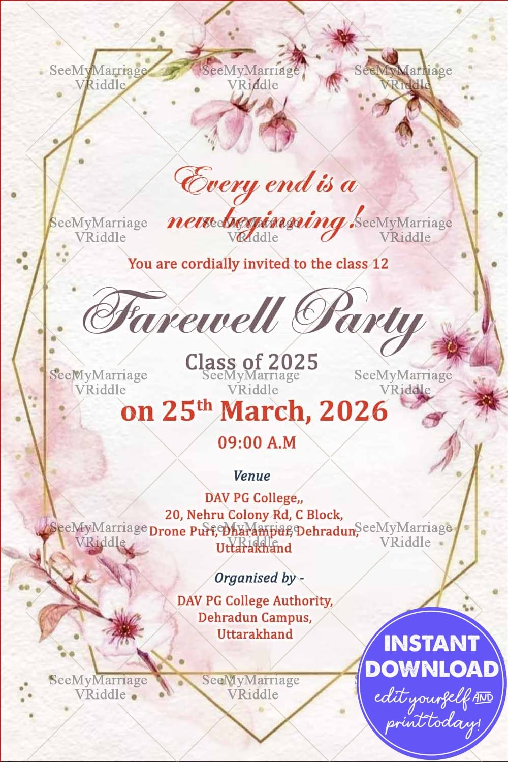 Class Twelfth Farewell Party Invitation with Pink Cherry Blossoms