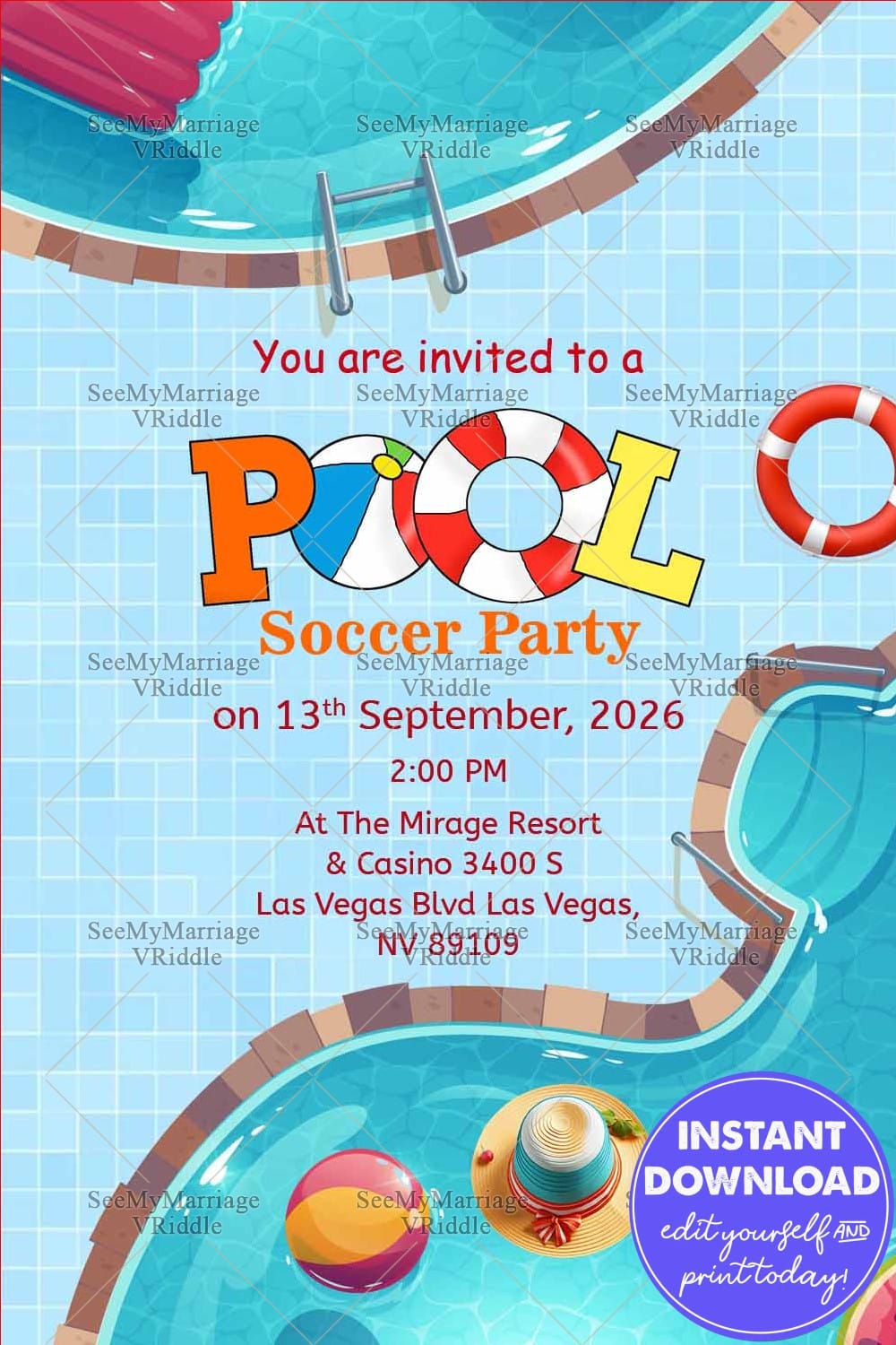Pool Soccer Party Invitation with Fun and Vibrant Summer Event