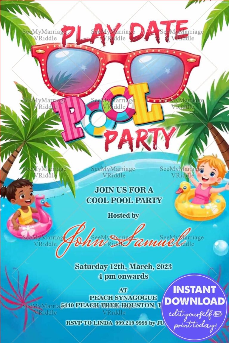 Play Date Pool Party Invitation with Red Sunglasses and Pink-Yellow flamingo Floats