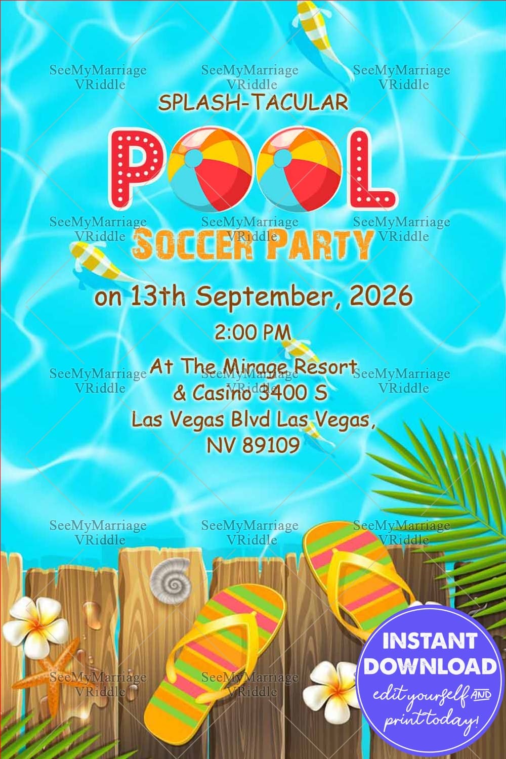 Pool Soccer Party with Flip-Flops, Tropical Flowers and Palm Leaves
