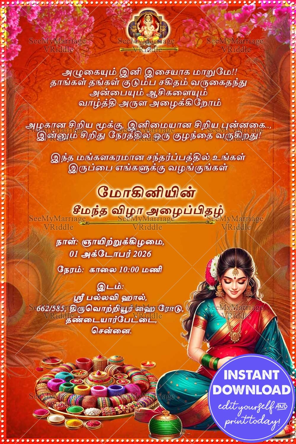 Blue-Red Saree & Orange Theme Tamil Valaikappu Ceremony with Illustrated Pregnant Woman and Colorful Bangles
