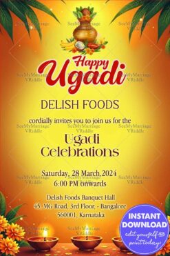 Golden-Yellow Theme Ugadi Invitation with Oil Lamps, Kalash, Mango Leaves and Flower