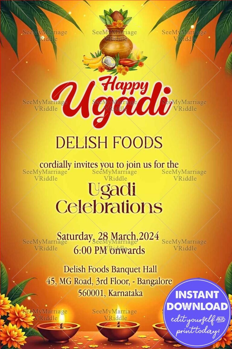 Golden-Yellow Theme Ugadi Invitation with Oil Lamps, Kalash, Mango Leaves and Flower