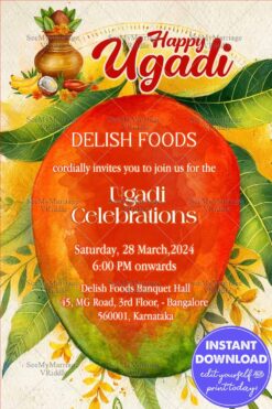 Mango Theme Ugadi Invitation Card with Leaves and Kalash