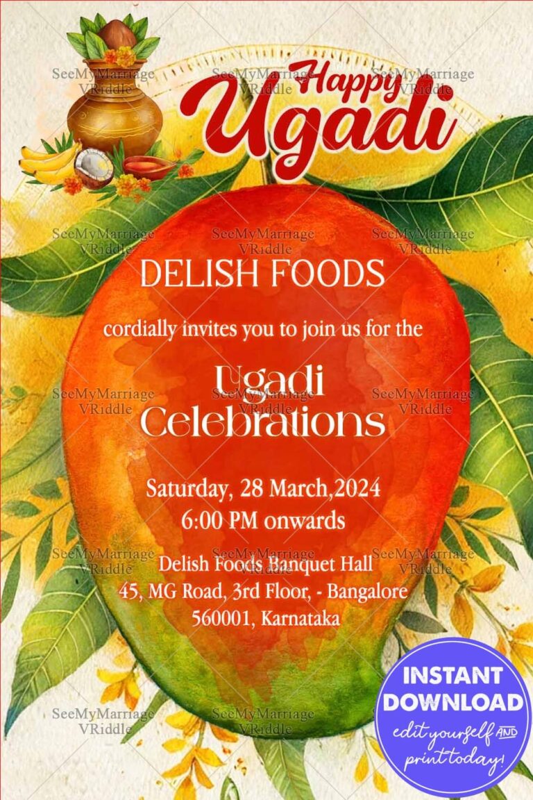 Mango Theme Ugadi Invitation Card with Leaves and Kalash