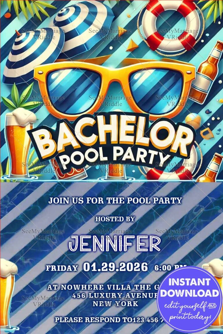 Bachelor Pool Party Invitation Card with Drinks, Umbrellas, Sunglasses and Floating Lifebuoys