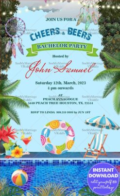 Blue Theme Bachelor Pool Party Invitation with Cher, Leaves and Drinks