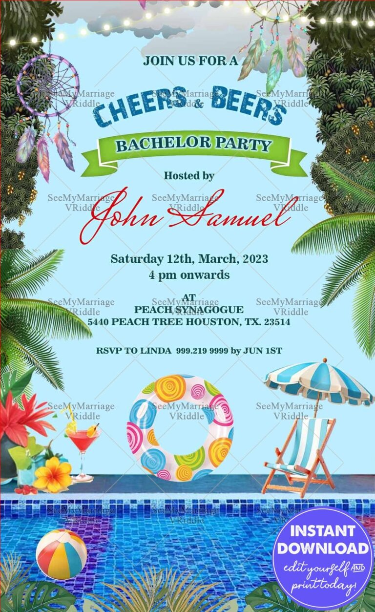 Blue Theme Bachelor Pool Party Invitation with Cher, Leaves and Drinks