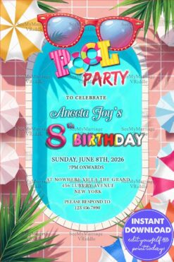 Swimming Pool and Sunglasses Pool Party Invitation with Umbrellas and Palm Leaves