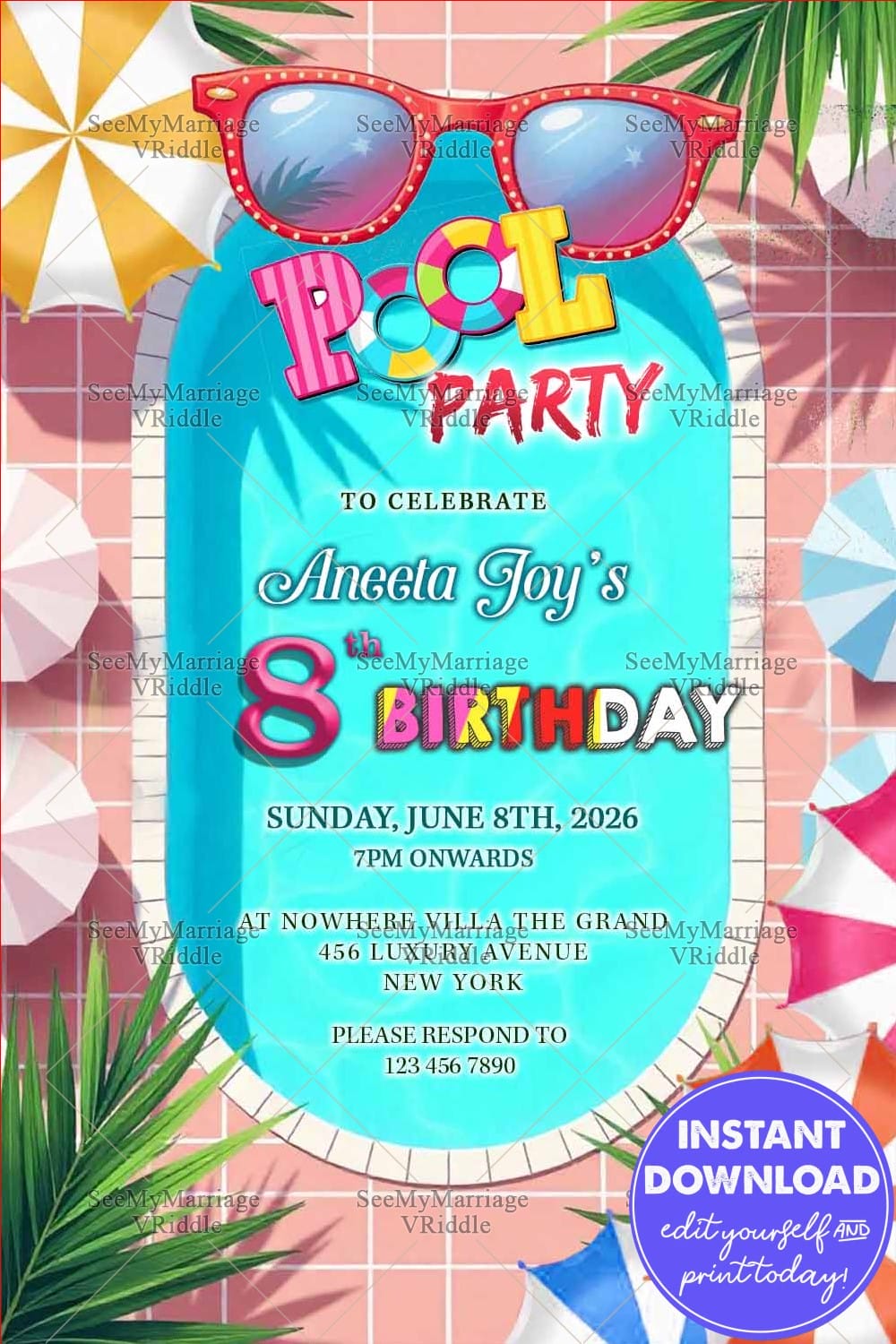 Swimming Pool and Sunglasses Pool Party Invitation with Umbrellas and Palm Leaves