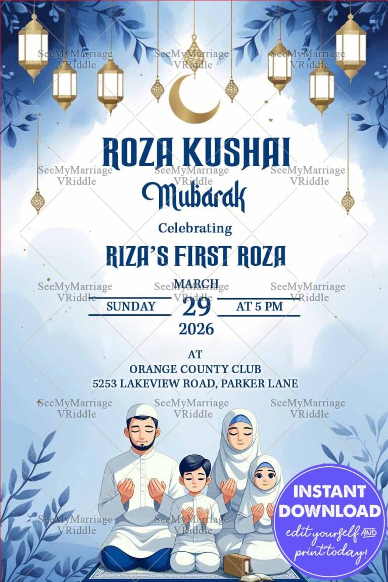 Roza Khushai Mubarak Invitation with Family is Praying Together, Blue-White Theme and Lanterns