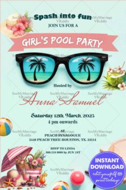 Girl’s Pool Party Invitation with Sunglasses, Coconut Drink, Balls and Basket