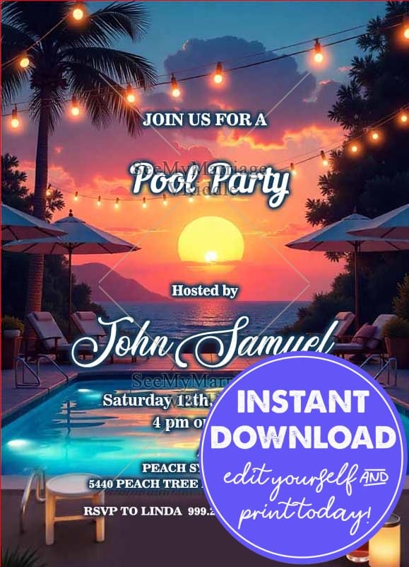 Sunset & Resort Theme Pool Party Invitation with Beachside Theme