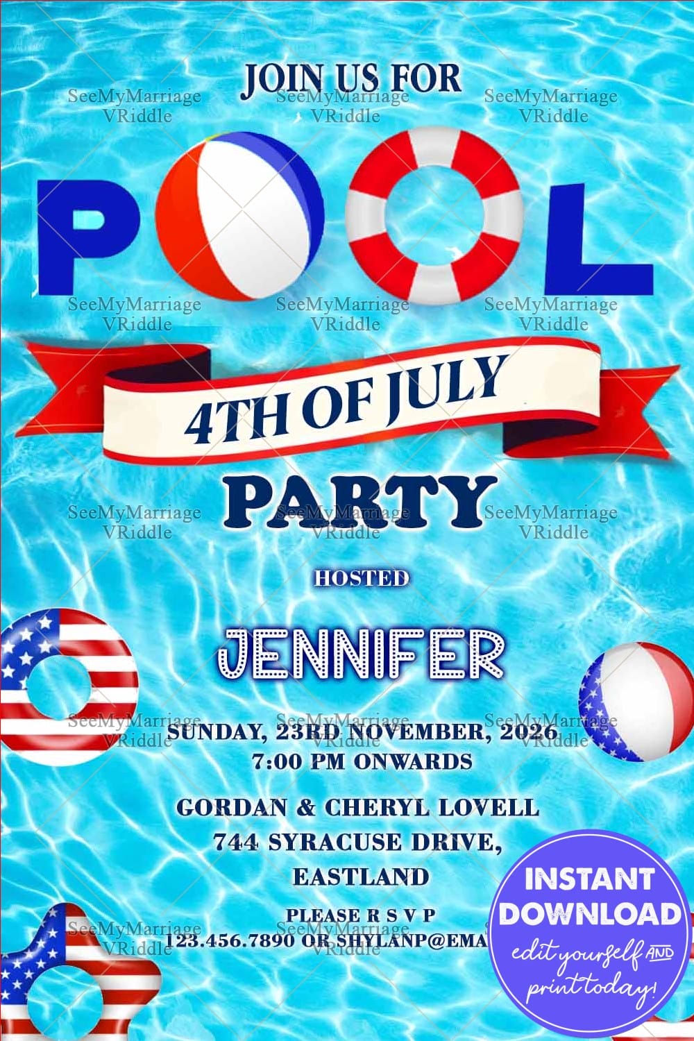 American Flag Themed Floaties Pool Party Invitation Card