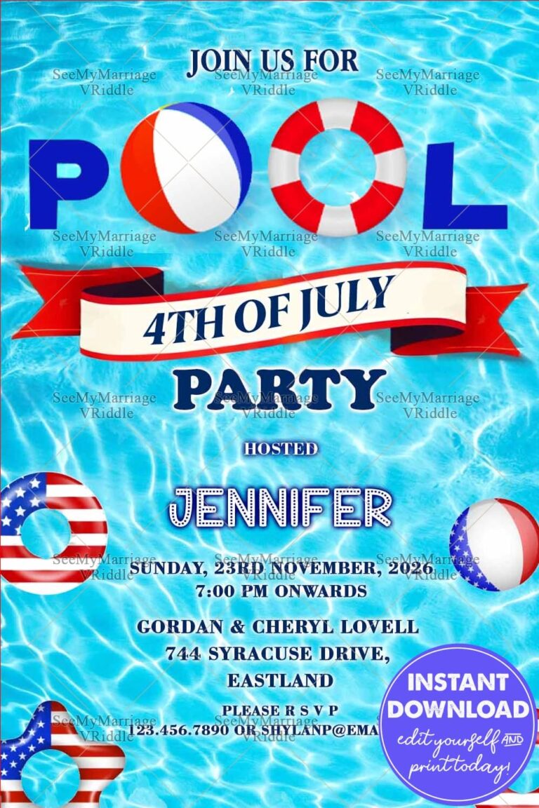 American Flag Themed Floaties Pool Party Invitation Card