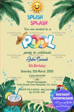 Tropical Splash Pool Party and Birthday Invitation with Parrot Perched and Drinks, Umbrella