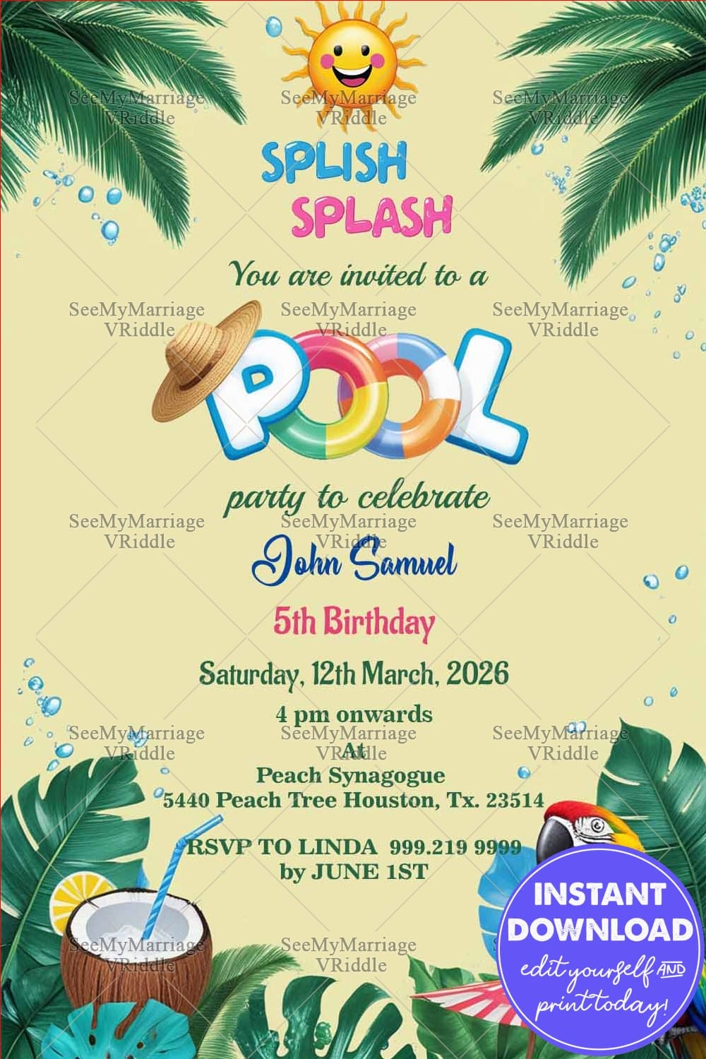 Tropical Splash Pool Party and Birthday Invitation with Parrot Perched and Drinks, Umbrella