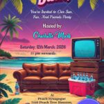 Spring Break Party Invitation with Brown Leather Couch, TV, Drinks and Palm Trees