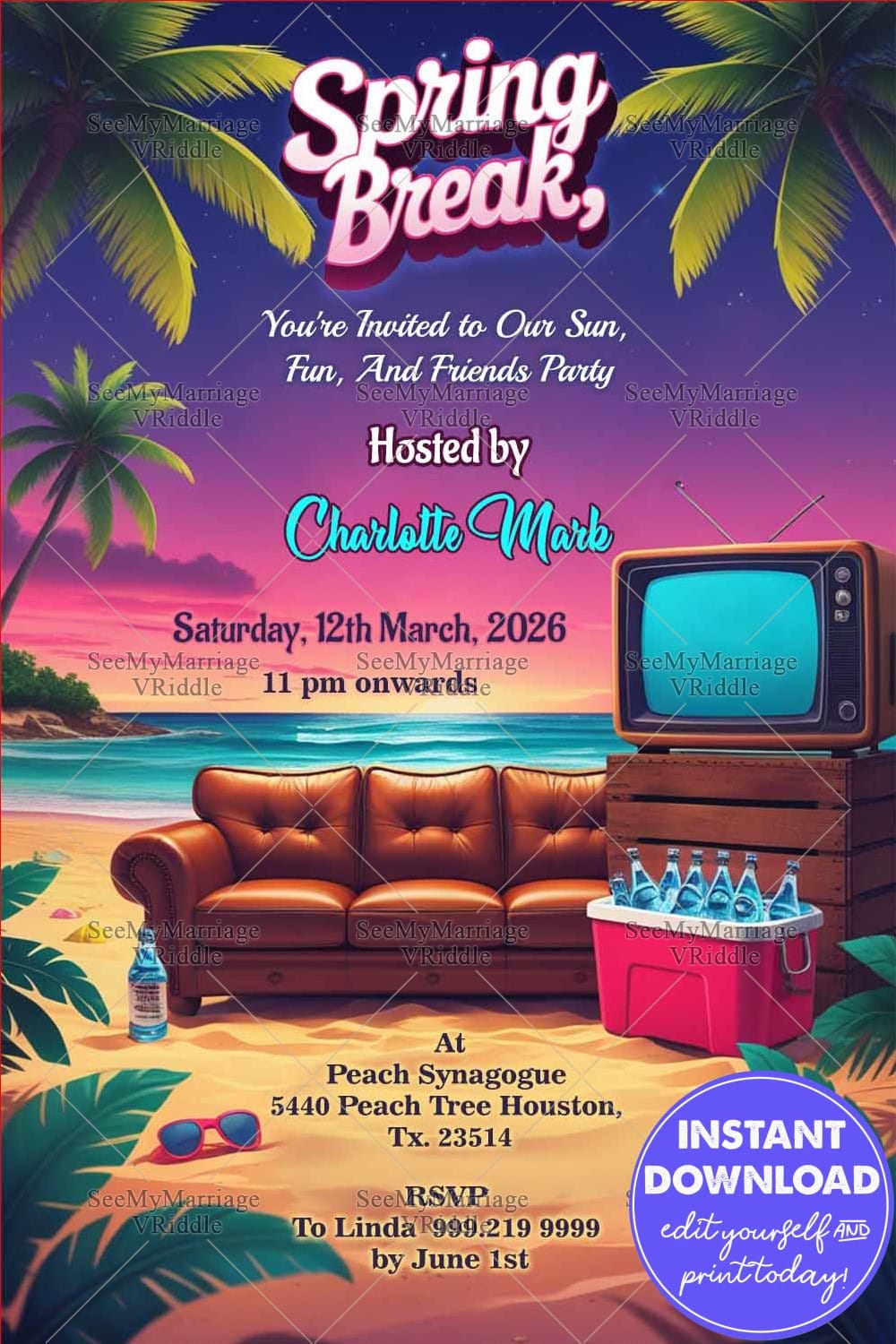 Spring Break Party Invitation with Brown Leather Couch, TV, Drinks and Palm Trees