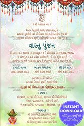 Gujarati Vastu Pujan Invitation Design with Green and Pink Watecolor Theme