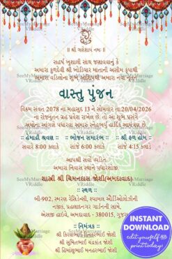 Gujarati Vastu Pujan Invitation Design with Green and Pink Watecolor Theme