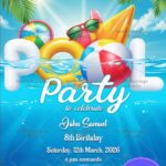 Bright Blue Sky Pool Party and Birthday Invitation with Floating on The water balls and Sunglasses