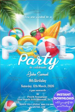 Bright Blue Sky Pool Party and Birthday Invitation with Floating on The water balls and Sunglasses