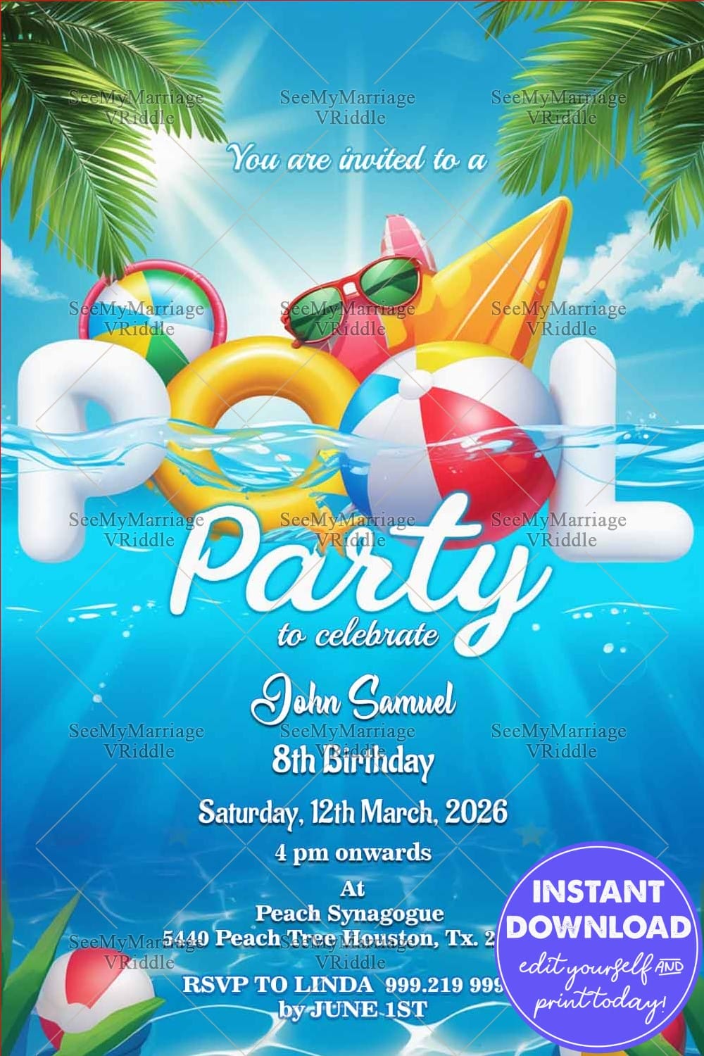 Bright Blue Sky Pool Party and Birthday Invitation with Floating on The water balls and Sunglasses