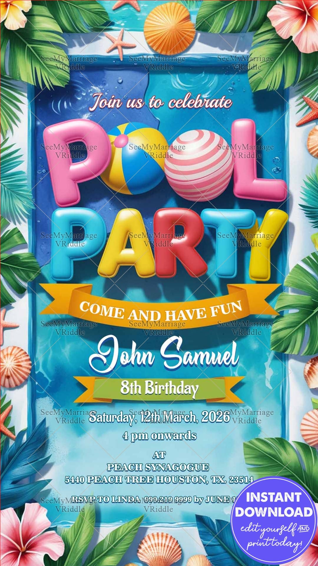 Colorful 3D Pool Party and Birthday Invitation with Balls, Seashells, Tropical Leaves and Starfish
