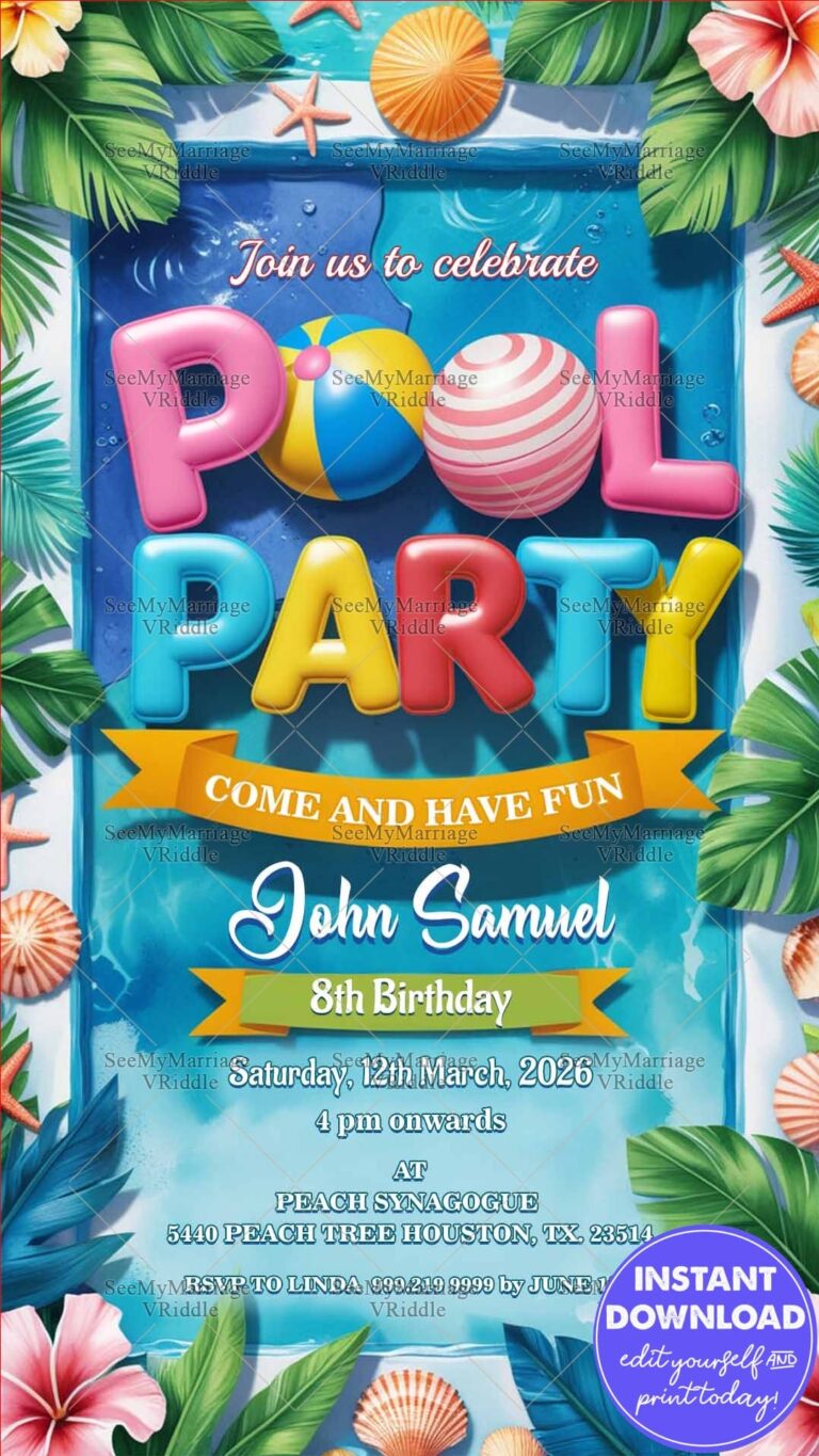 Colorful 3D Pool Party and Birthday Invitation with Balls, Seashells, Tropical Leaves and Starfish