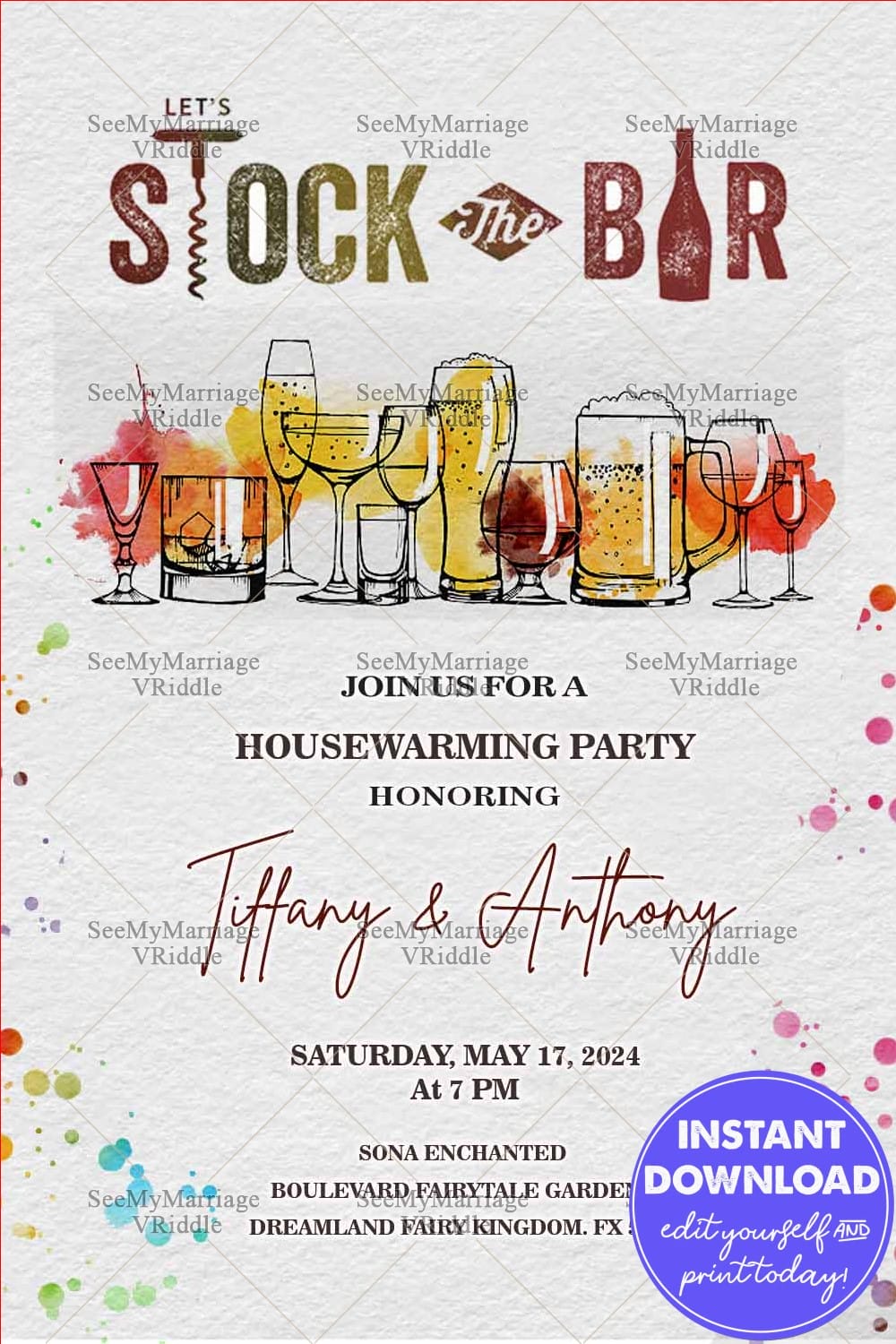 Wine Glasses Theme Housewarming Party Invitation and Cocktail Party with Elegant Textured Design