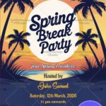 Sunset Over The Ocean Spring Break Party Invitation with Tall Palm Trees and Birds