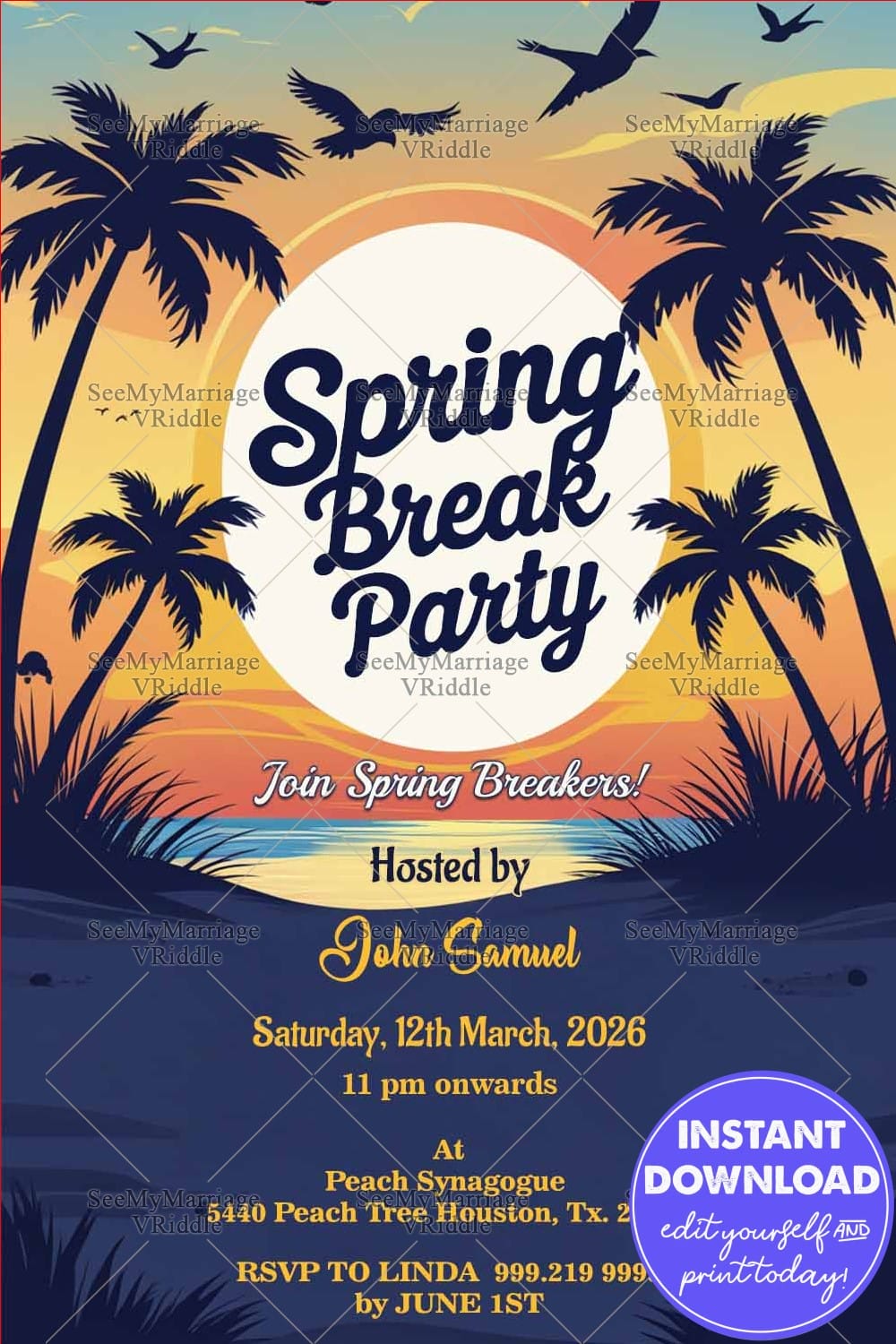 Sunset Over The Ocean Spring Break Party Invitation with Tall Palm Trees and Birds