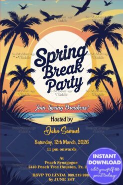 Sunset Over The Ocean Spring Break Party Invitation with Tall Palm Trees and Birds
