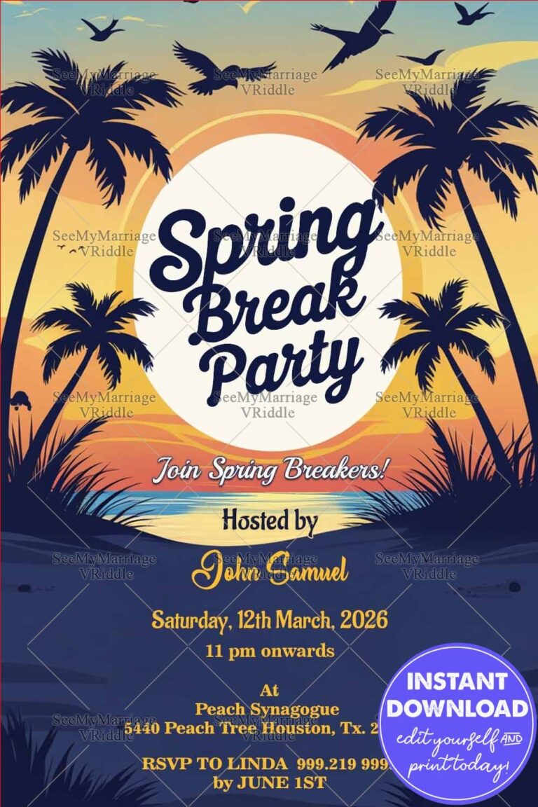 Sunset Over The Ocean Spring Break Party Invitation with Tall Palm Trees and Birds